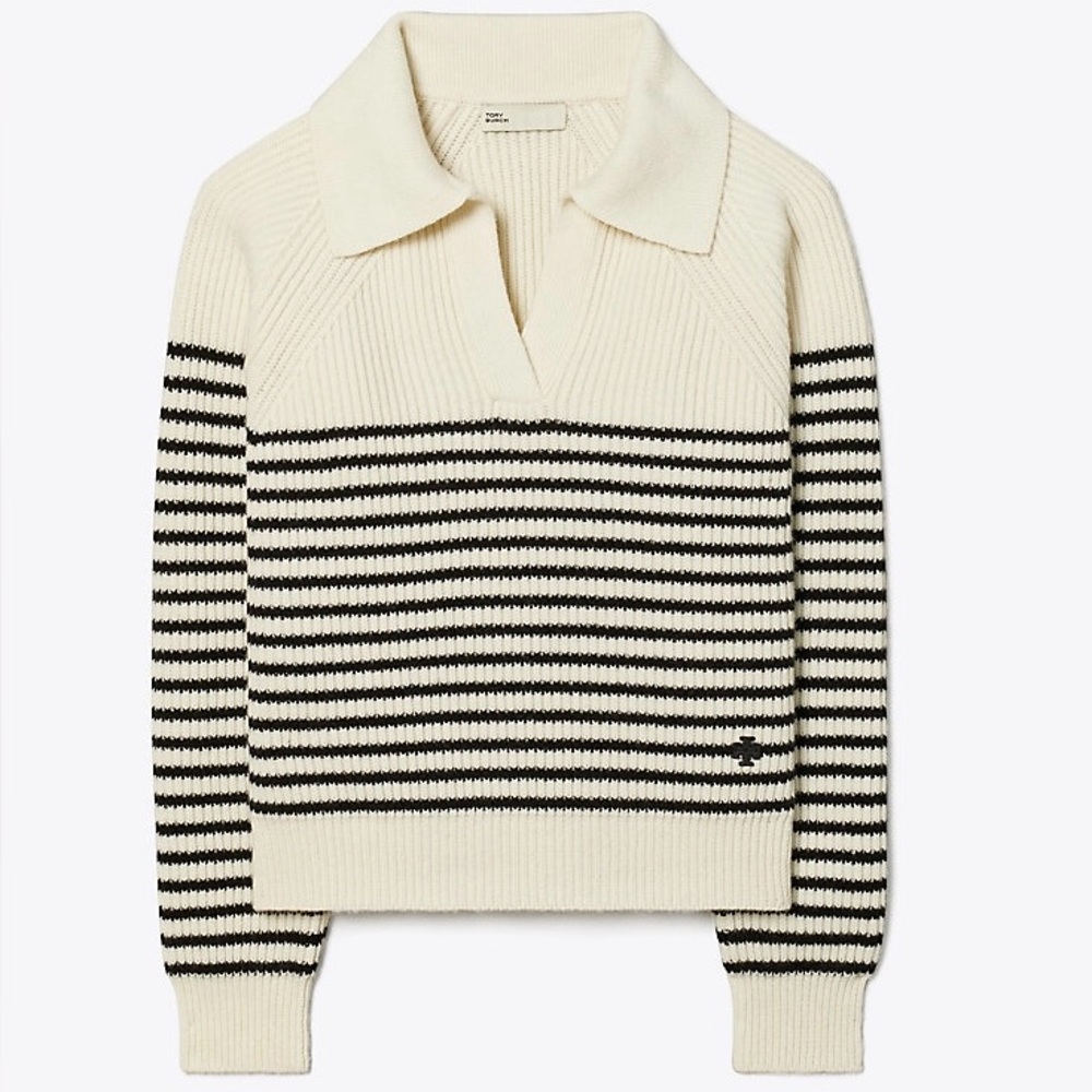 Tory Burch Striped 100% Wool Open Collar Sweater Collared Women's Size L